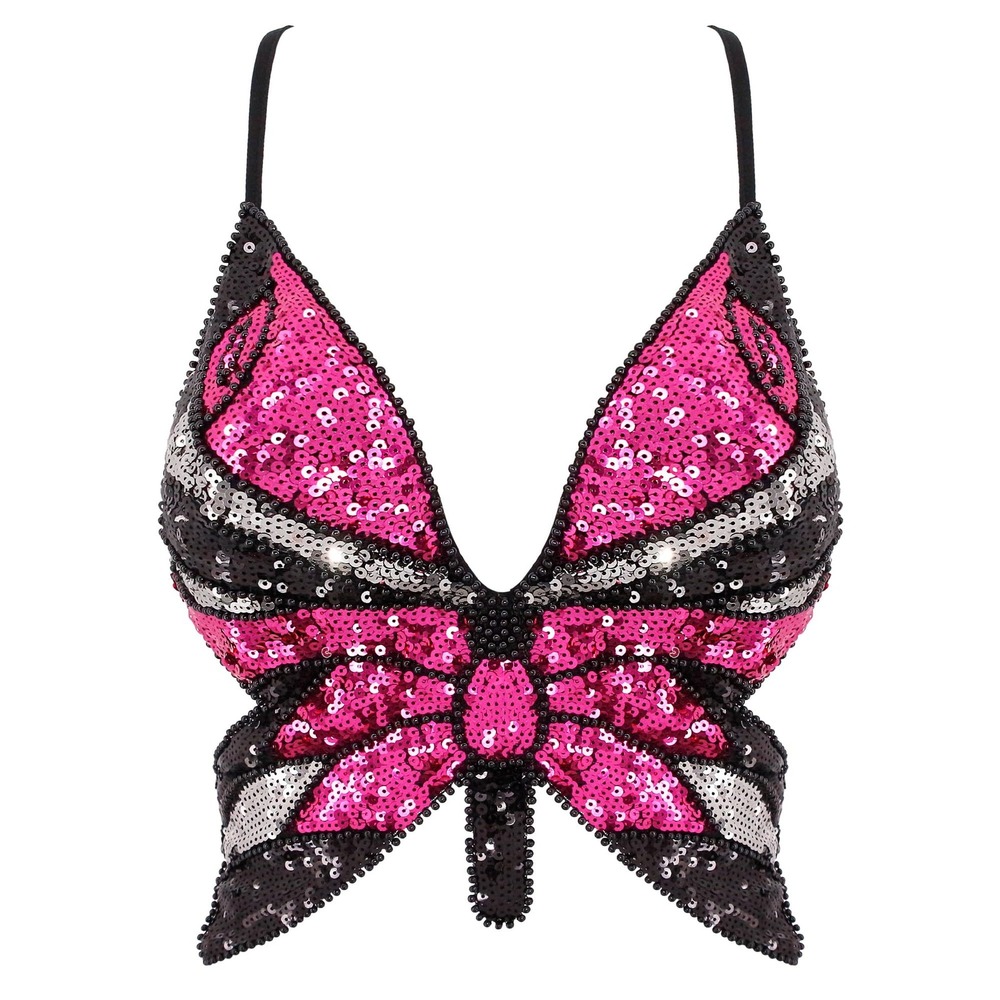 NWT Mocure Women's Pink Black Sequin Butterfly Crop Top Festival Rave Small